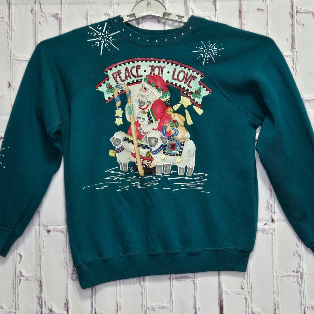 Vintage Hanes Her Way Christmas Sweatshirt Teal Santa Peace Holiday Sz Medium‎